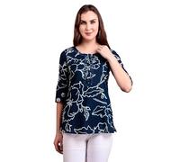 Ladyline Womens Casual Cotton Tunic Top - Ethnic Printed Embroidered Jaipuri Short Kurti Kurta Indian (CEK JPT) (42/ Navy-Blue)