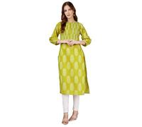ladyline Womens Cotton Bandhani Printed Long Tunic Top Embroidered with Bishop Sleeves - Ethnic Kurta Kurti for Casual wear, Mehndi, 44