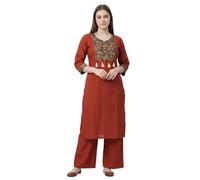 Ladyline Womens Cotton Kurta Palazzo Pants Co-Ord Set 2-Pcs | Ajrak Print Neck with Kantha & Sequin Work | Indian Ethnic Kurti Tunic Set (CPEKP RTAN) (46/ Rust)