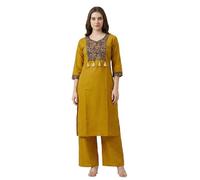 Ladyline Womens Cotton Kurta Palazzo Pants Co-Ord Set 2-Pcs | Ajrak Print Neck with Kantha & Sequin Work | Indian Ethnic Kurti Tunic Set (CPEKP RTAN) (38/ Mustard)