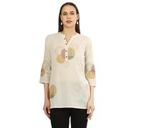 Ladyline Women's Cotton Linen Kurta Tunic Top - Designer Embroidered - Henley Neck Shirt - Button Down - Embroidery Sleeves Short Kurti (CEK RCS870) (38/ Beige)