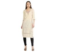 Ladyline Women's Cotton Tunic Kurti Top | Knee-Length Embroidered Kurta | Linen Look | 3/4 Sleeve | Ethnic Indian Wear for Festive & Party Use (CEK HRKI) (44/ Cream-3)