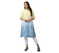Ladyline Women's Crepe Silk Tie Dye Shaded Tunic Top Shirt Collar Button Down Knee Length Dress (RPEK SHR670) (46/ Yellow)