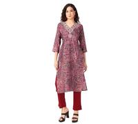 Ladyline Womens Formal Silk Printed Sequins Handwork V Neck Kurti Tunic Partywear Long Kurta Dress (SPEK SHRJ) (46/Wine)