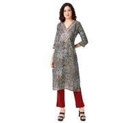 Ladyline Womens Formal Silk Printed Sequins Handwork V Neck Kurti Tunic Partywear Long Kurta Dress (SPEK SHRJ) (44/Blue-Gray)