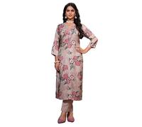 Ladyline Womens Italian Silk Kurta with Pants Set | Hand Crafted Digital Printed Co-Ord Set | (SPEKP SCM1190) (44/ Beige)