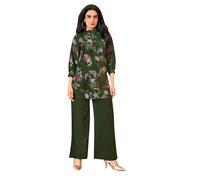 Ladyline Womens Italian Silk Printed Kurti Palazzo Co-Ord Set | Digital & Foil Print Henley Neck Tunic Top Kurta Pants Set (RPKP MCZM) (38/ Green)