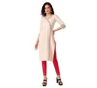 Ladyline Womens Linen Cotton Embroidered Tunic Top Angrakha Style Indian Kurti Kurta (SEK TWR840) (38/Cream)