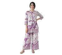 Ladyline Women's Printed Rayon Slub Silk 2-Piece Co-ord Set | Stylish Henley Neck Tunic Top & Wide Leg Palazzo Pants | Kurta Set (RPKP TWRD) (42/ Lovander)