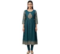 Ladyline Womens Rayon Anarkali Kurti with Foil Print & Handwork | Trendly Flared Long Kurta Set | 3/4 Sleeves | Ethnic Indian Dress (REK LLTR) (40/ Teal)