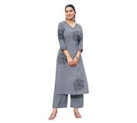 Ladyline Womens Rayon Kurta & Palazzo Co-ord Set with Embroidered V-Neck | Subtle Hand Work | Long Kurti Tunic Set (REKP MIRM) (40/ Gray)