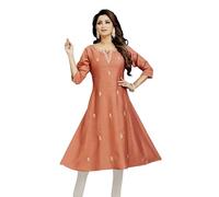 Ladyline Womens Rayon Silk Anarkali Kurti with Embroidery Mirror Work Ethnic Wear 3/4 Sleeve Long Embroidered Kurta Set Tunic Top (REK KSBL) (50/ Rust)
