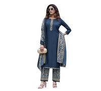Ladyline Womens Semi Cotton Salwar Kameez Suit Set with Self Embroidery | Rich Embroidered Kurta with Printed Palazzo Pants Indian Dress (CESK ROPH) (38/ Blue)