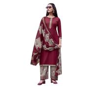Ladyline Womens Semi Cotton Salwar Kameez Suit Set with Self Embroidery | Rich Embroidered Kurta with Printed Palazzo Pants Indian Dress (CESK ROPH) (38/ Maroon)