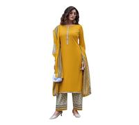 Ladyline Womens Semi Cotton Salwar Kameez Suit Set with Self Embroidery | Rich Embroidered Kurta with Printed Palazzo Pants Indian Dress (CESK ROPH) (42/ Gold)