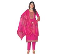 Ladyline Womens Silk Embroidered Salwar Kameez Set | Italian Crepe Kurta with Zari & Sequin Work | Pant Bottom & Organza Silk Dupatta | Party & Festive Wear (SESK RARA) (44/ Pink)