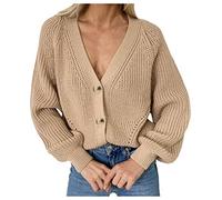 Ladys Cardigans Womens Knitted Cardigan Women's Autumn and Winter Classic Casual V-Neck Solid Color Cardigan Cable Hollow Knitted Sweater Knit Cardigans for Women UK Khaki