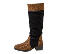 Lady's Knee Boots, Women's Chunky Heels Knee High Boots Leopard Print Slip-On Winter Thermal Booties Block Heel Thick Bottoms Western Cowboy Wide Calf Trendy Elegant Party Shoes for Ladies Gold
