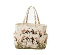 Lady's Shih Tzu Floral Multiple Pockets Quilted Tote Bag Shoulder Handbag | Women Multi-Pocket Quilted Tote Bag Shoulder Tote Carry Work Travel Tote Shopping Bag Daily Casual Boho Vintage Lady Handbad