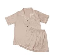 Lady's Short Sleeved Shorts Pajamas Satin Lapel Comfortable Home Wear Two Piece Pajamas Women Pajamas Set (Khaki-A, XXL)