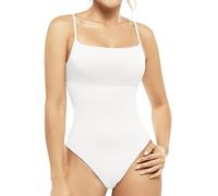 Ladyslim Women's Colombian Cami Thong Bodysuit Double Lined Square Neck BodySuit Adjustable Spaghetti Strap Tank Tops, White, X-Small