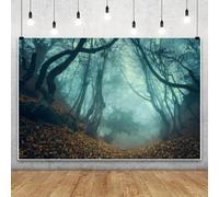 Laeacco 10x8ft Gloomy Forest Backdrop Twilight Misty Woods Bare Trees Halloween Photograpahy Background Path Fallen Leaves Ghastly Wood Halloween Party Horror Night Foggy Backdrop Jungle Curvy Trees