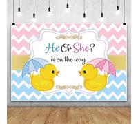 Laeacco 10x8ft Polyester Cute Yellow Duck Baby Shower Backdrop He or She Boy or Girl Gender Reveal Party Background Rubber Ducky Blue Pink Wavy Line Chevron Striped Photo Studio Cake Table Decor