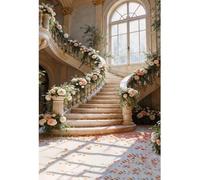 Laeacco 3x5ft Floral Castle Stairway Backdrop Pink White Flowers Palace Interior Stairs Arch Window Photography Background for Women Girls Birthday Bridal Shower Party Wallpaper Booth Studio Props
