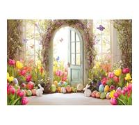 Laeacco 5x3ft Spring Easter Backdrop Arch Door Garden Tulip Flower Eggs Spring Wonderland Photography Background for Easter Day Bunny Party Decoration Baby Kids Birthday Portrait Photo Booth Props