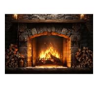 Laeacco 5x4ft Vintage Brick Stone Fireplace Backdrop Burning Firewoods Photography Background for Halloween Christmas Interior Decor Baby Shower Birthday Party Cake Table Banner Photo Booth Props