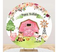 Laeacco 6.5x6.5ft Farm Aniamls Happy Birthday Round Backdrop for Kids Pink Barn Girls Birthday Party Arch Background Cartoon Farm Animals Farmland Baby Shower Floral Circle Backdrop for Photography