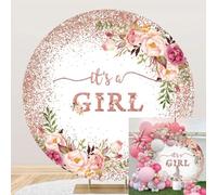 Laeacco 6.5x6.5ft It's a Girl Baby Shower Round Backdrop Pink Floral Glitter Confetti Round Background Cover for Photography Baby Gender Reveal Birthday Party Circle Backdrop Cover Photo Booth Props