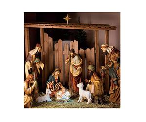 Laeacco 6.5x6.5ft Vinyl Backdrop Photography Background Christmas Manger Scene Figurines Jesus Mary Joseph Sheep and Magi Belief The Nativity Story Christ Child Scene Backdrop Bible School Shooting