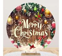 Laeacco 7.2x7.2ft Merry Christmas Round Backdrop Cover Rustic Wooden Board Xmas Balls Winter Photography Background for Christmas New Year Family Holiday Party Cake Table Decor Portrait Booth Props