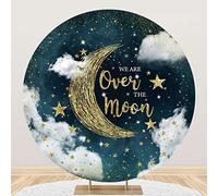 Laeacco 7.2x7.2ft We are Over The Moon Baby Shower Round Backdrop Starry Night Gold Glitter Moon Stars White Clouds Circle Backdrop Twinkle Twinkle Little Star Photo Background Kids Boy Portrait Props