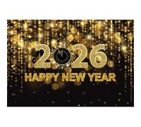 Laeacco 7x5ft 2026 Happy New Year Backdrop Black and Gold Glitter Sequin Bokeh Twelve O'clock Countdown Photography Background for Christmas New Year Festival Holiday Party Decor Photo Booth Props