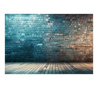 Laeacco 7x5ft Blue Brick Wall Backdrop Blue Light Brick Wall Wooden Floor Photography Background for 80's 90's Hip Hop Disco Birthday Themed Party Cake Table Decor Banner Portrait Photo Booth Props