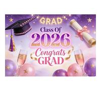 Laeacco 7x5ft Class of 2026 Congrats Grad Backdrop Pink Purple Champagne Balloons Photography Background Congratulations Grad Senior Prom Graduation Party Decorations Banner Photo Booth Props