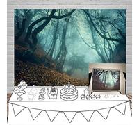 Laeacco 7x5ft Halloween Theme Backdrop Vinyl Twilight Misty Forest Path Fallen Leaves Photography Backgroud Ghastly Wood Child Baby Photo Shoot Props Jungle Curvy Trees Foggy Backdrops