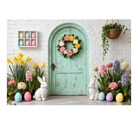 Laeacco 7x5ft Spring Easter Backdrop White Wall House Rabbit Flowers Photography Background for Easter Day Bunny Party Cake Table Decoration Kids Birthday Baby Shower Portrait Photo Booth Props