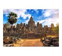 Laeacco 7x5FT Vinyl Backdrop Photography Background Ancient Stone Faces Sunset Bayon Temple Angkor Wat Cambodia Blue Sky Clouds Famous Tourist Spots Travel theme Castle Backdrop Portrait Studio Prop
