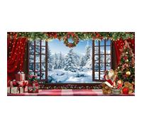 Laeacco 8x4ft Christmas Window Scenery Backdrop Winter Snow Scene Red Curtain Christams Tree Garland Photography Background Xmas Eve Baby Shower Birthday Party Cake Table Banner Photo Booth Props