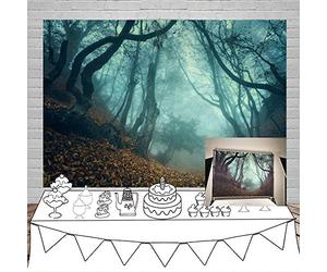 Laeacco 8x6.5ft Halloween Theme Backdrop Vinyl Twilight Misty Forest Path Fallen Leaves Photography Backgroud Ghastly Wood Child Baby Photo Shoot Props Jungle Curvy Trees Foggy Backdrops