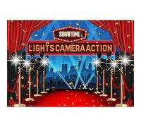 Laeacco 8x6ft Lights Camera Action Backdrop Movie Night Theme Backdrop Red Carpet Dress-up Awards Ceremony Photography Background Adult Birthday Event Party Cake Table Decor Banner Photo Booth Prop