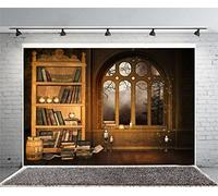 Laeacco 9 x 6 ft Vinyl Backdrop Photography Background European Retro Library Bookshelf Study Mural Room Interior Scene Background Books Candle Window Moonnight Halloween Backdrop Photo Studio Props