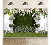 Laeacco Arch Wedding Flowers Backdrop 10x6.5ft Vinyl Photography Background Stone Planter Flowers White Curtain Green Ivy Wall Decoration Outdoos Ceremony Green Grassfield Backdrop