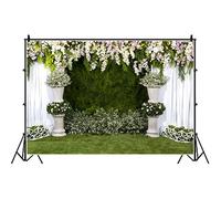 Laeacco Arch Wedding Flowers Backdrop 7x5ft Vinyl Photography Background Stone Planter Flowers White Curtain Green Ivy Wall Decoration Outdoos Ceremony Green Grassfield Backdrop