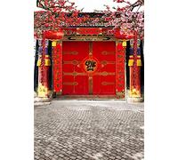 Laeacco Chinese Red Gate Backdrop 10x12ft Chinese New Year Backdrop Spring Festival Background Vintage Chinese Ancient Building Red Lantern Pink Plum Blossom Luck Arrival Blessing Chinese Style Photo