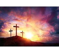 Laeacco Jesus Christ Cross Sunrise Photography Background 7x5ft Worship Three Crosses Hill Bokeh Glite Cemetery Cross Church Christmas Easter Crucifiction God Sunset Scripture Cross Horizon