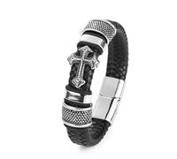 LAECCO Leather bracelet Men Fashion Classic Black Woven Leather Inlaid Cross Magnetic Hidden Safety Buckle Business Casual Gift Bracelet